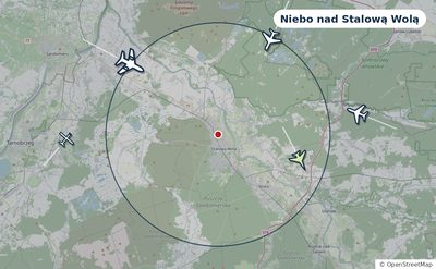 Mapa okolic miasta z sylwetkami samolotów — Niebo nad Stalową Wolą na żywo