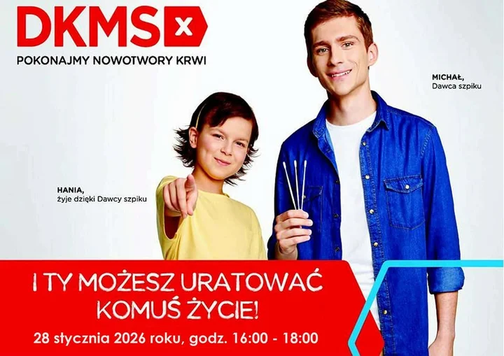 Grafika promocyjna wydarzenia KOMÓRKOMANIA — rejestracja dawców szpiku w Stalowej Woli