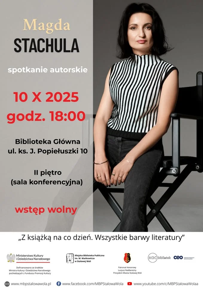 Obrazek przedstawia grafikę promocyjną wydarzenia Spotkanie autorskie z Magdą Stachulą podczas Nocy Bibliotek w Stalowej Woli