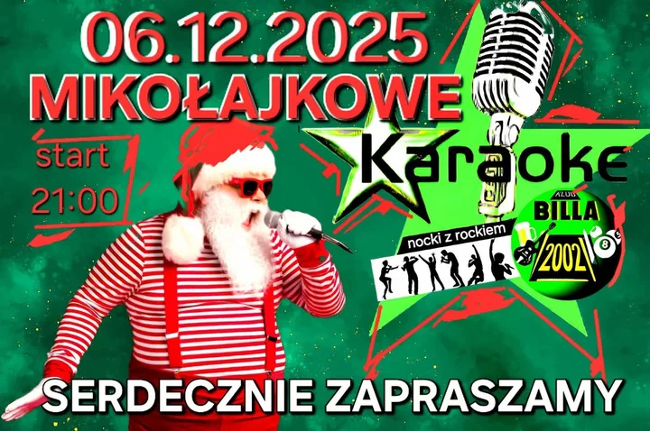 Grafika promocyjna wydarzenia MIKOŁAJKOWE KARAOKE w Klubie Billa