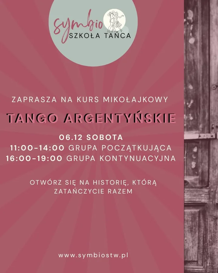 Grafika promocyjna wydarzenia Mikołajkowe warsztaty tanga argentyńskiego w Symbio