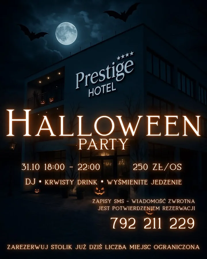 Grafika promocyjna wydarzenia Prestige Halloween w Stalowej Woli — kolacja, DJ i mroczny bal maskowy 31 października