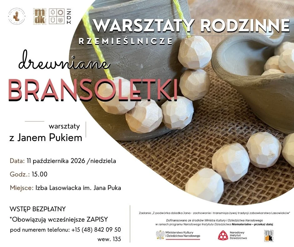 Grafika promocyjna wydarzenia Rzemieślnicze warsztaty rodzinne z Janem Pukiem – drewniane bransoletki