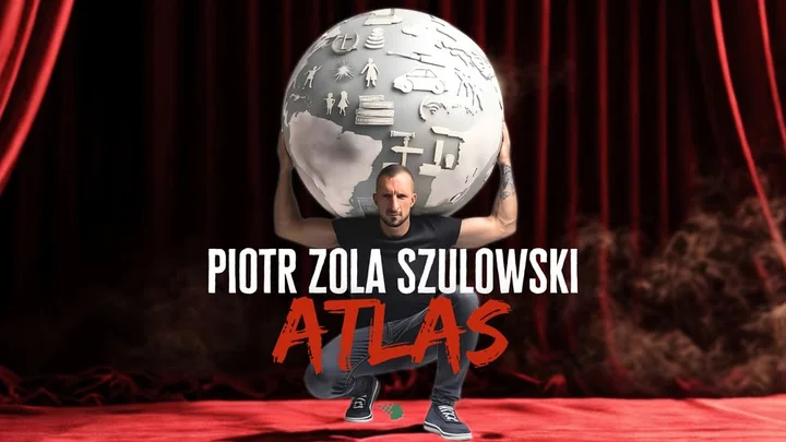 Obrazek przedstawia grafikę promocyjną wydarzenia Stand-up Piotra Zola Szulowskiego: program ATLAS w Stalowej Woli