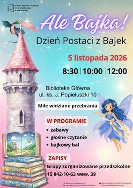 Grafika promocyjna wydarzenia Ale Bajka! Dzień Postaci z Bajek w bibliotece