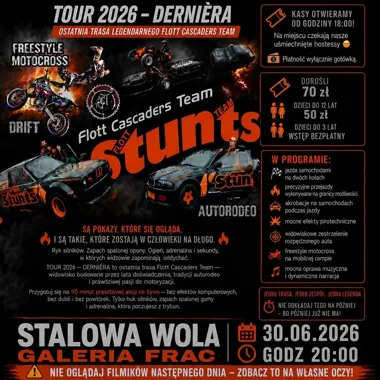 Grafika promocyjna wydarzenia Flott Cascaders Team w Stalowej Woli – motoryzacyjne widowisko TOUR 2026 – Dernière
