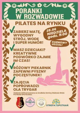 Grafika promocyjna wydarzenia Poranki w Rozwadowie: Pilates pod chmurką i piknik na Rynku