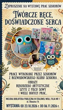 Grafika promocyjna wydarzenia „Twórcze ręce, doświadczone serca” – wystawa prac seniorów