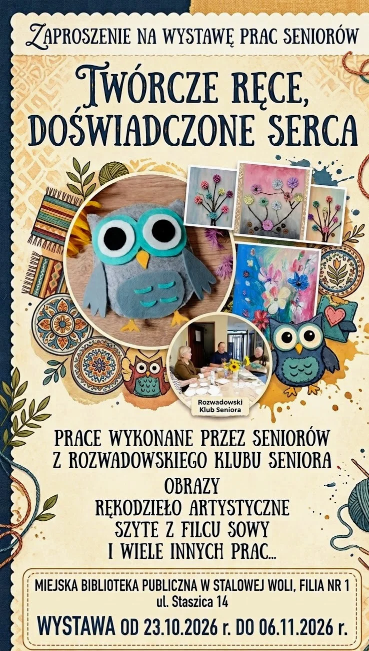 Grafika promocyjna wydarzenia „Twórcze ręce, doświadczone serca” – wystawa prac seniorów