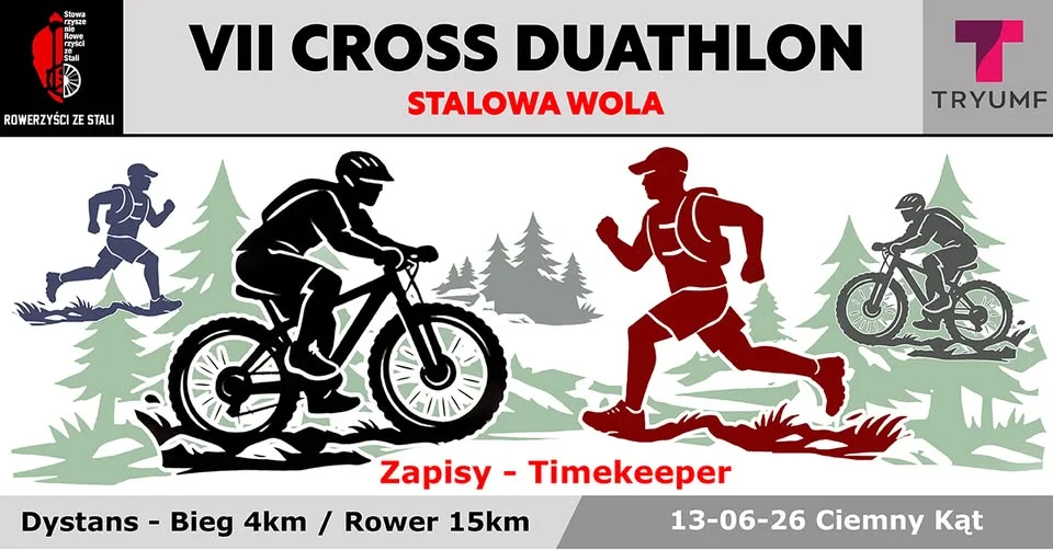 Grafika promocyjna wydarzenia VII Cross Duathlon w Stalowej Woli. Ruszyły zapisy na terenowe zawody sportowe