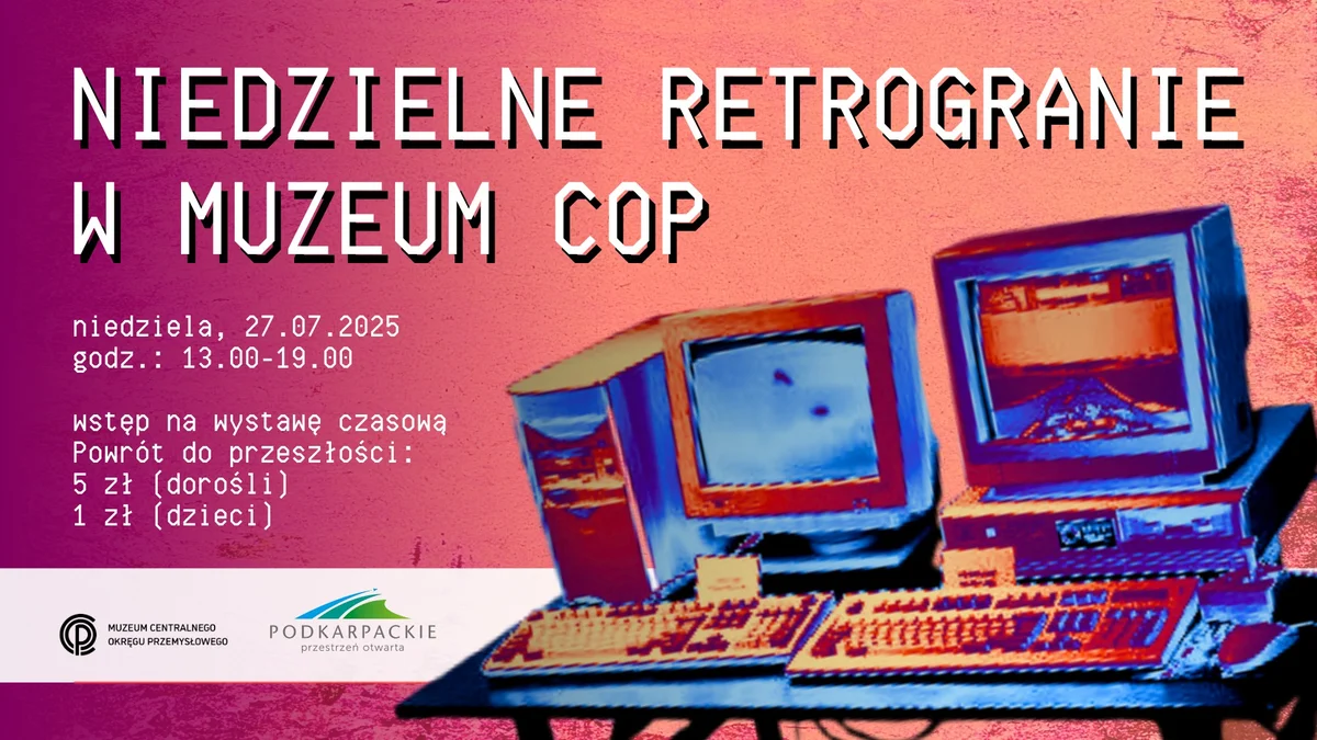 Grafika promocyjna wydarzenia Wydarzenie z grami retro i warsztatami robotycznymi w Stalowej Woli