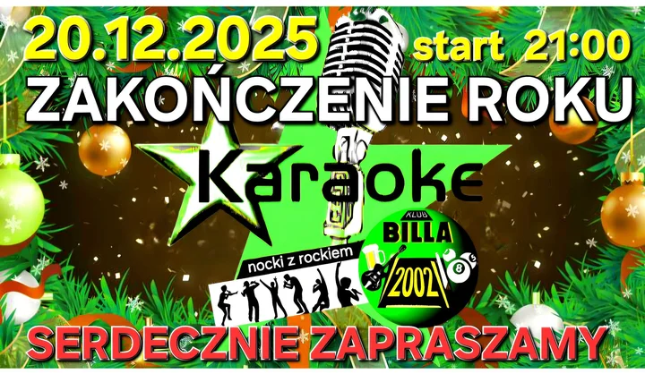 Grafika promocyjna wydarzenia ZAKOŃCZENIE ROKU z KARAOKE w KLUBIE BILLA — wspólne śpiewanie przed świętami