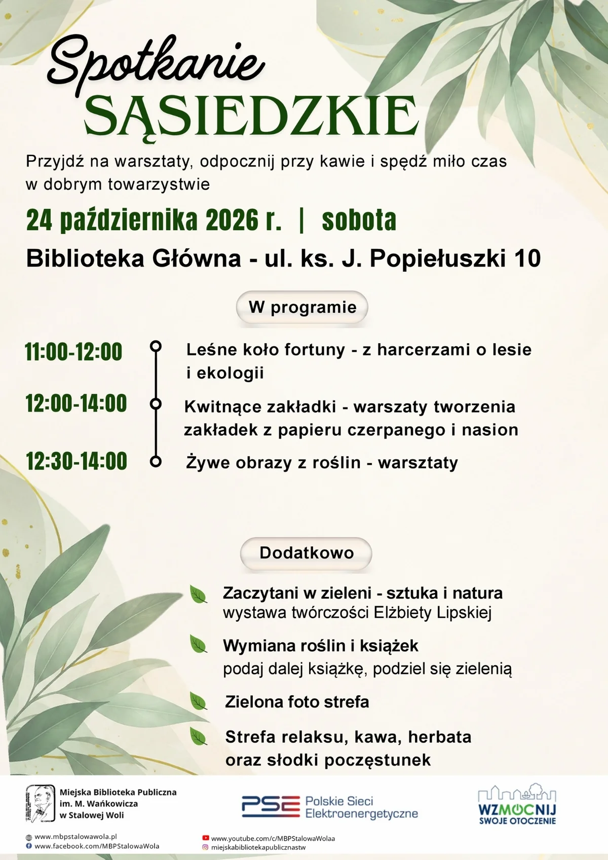Grafika promocyjna wydarzenia Zielone Spotkanie Sąsiedzkie w odnowionym holu biblioteki
