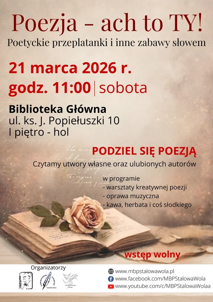 Poezja zatrzyma sobotnie przedpołudnie w bibliotecznym holu - spotkanie i warsztaty